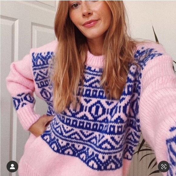 Zara Knit Jacquard Oversized Sweater Pink Blue Pullover Women’s Size Small - Picture 10 of 10